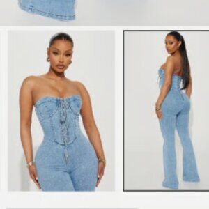 Women’s Size 6 Denim Corset Jumpsuit Strapless Flare Legs